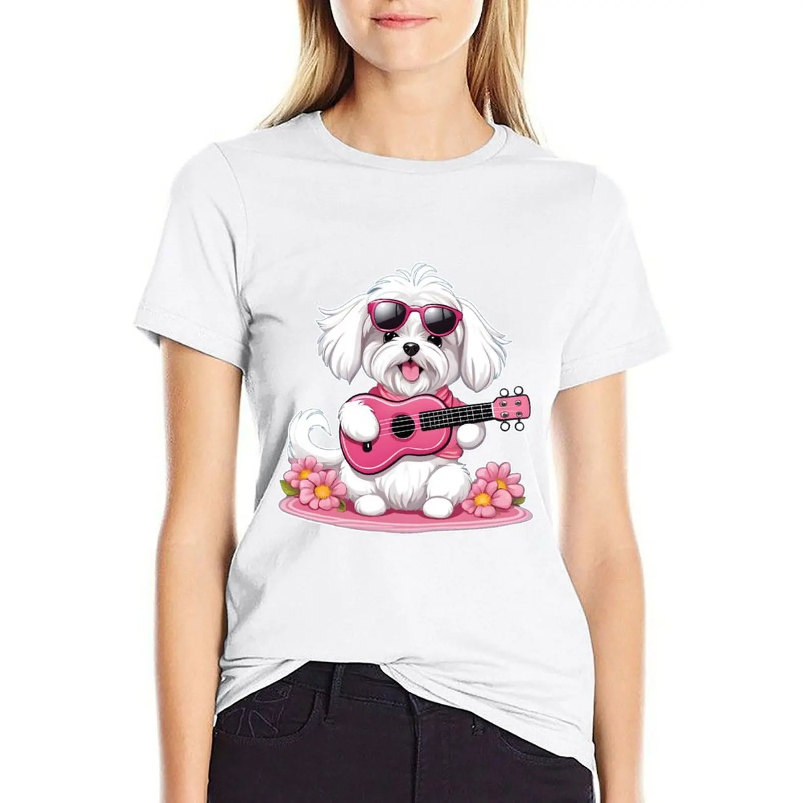 Cute Chill'n Maltese with Pink Shades and Guitar T-shirt cute clothes plus size tops t-shirts for Women loose fit