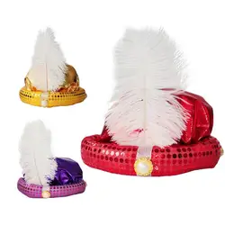 Aladdin Hat Mythical Character Play Cap Men Sultan Costume Headwear Scarf Bronze Ethnic Feather Hat Costume Specialties Pattern