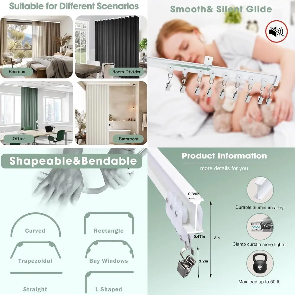 

Гибкий потолочный карниз для штор, штанга-разделитель для комнаты, прочное крепление для гостиной, душевой, автодома, белый, 18 футов