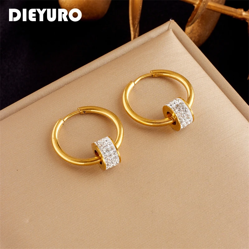 

DIEYURO 316L Stainless Steel Round Zircon Hoop Earrings For Women New Fashion Girls Ear Buckle Jewelry Party Birthday Gifts