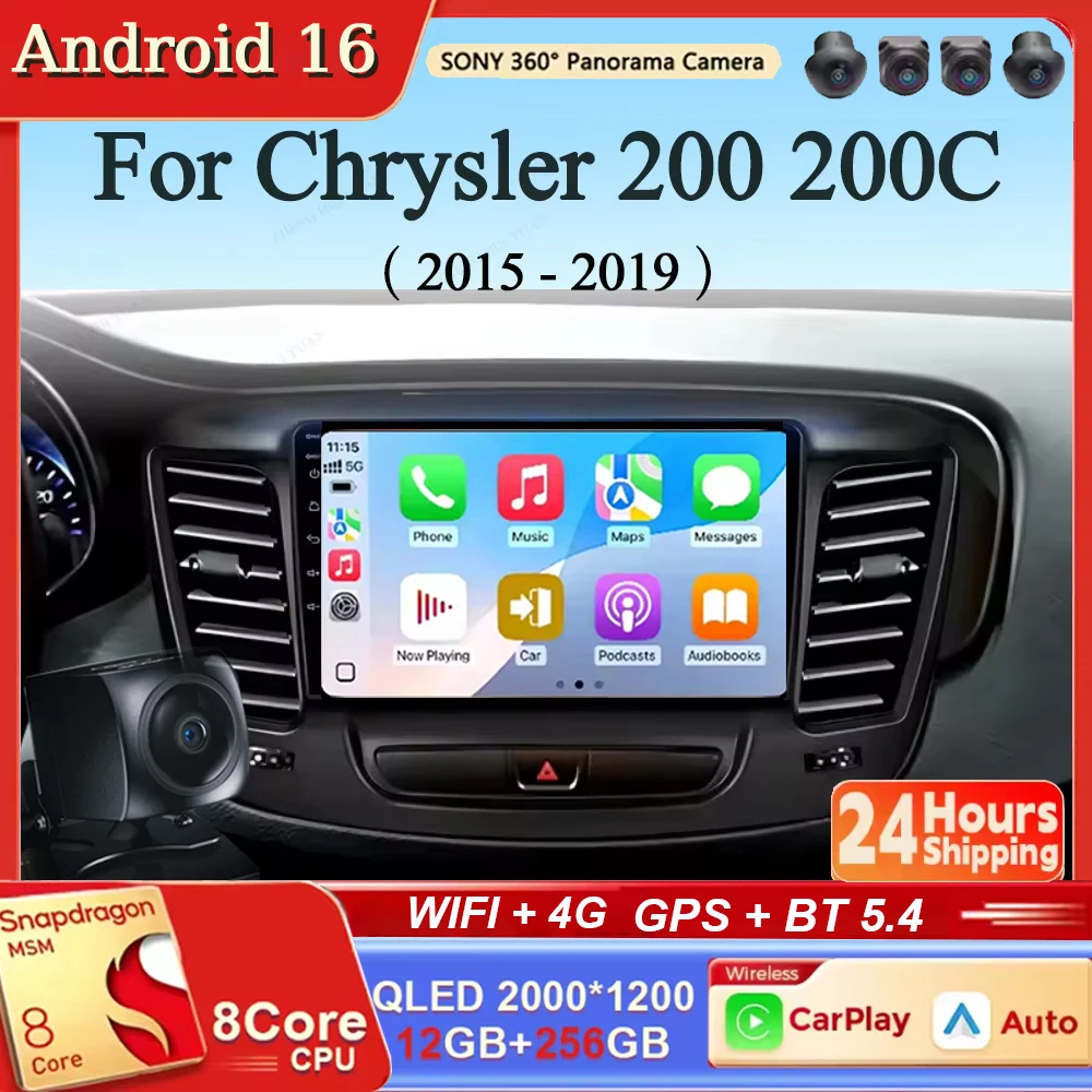 Radio para Auto con Android 16, GPS, Navegación, Reproductor Multimedia de Video y Carplay para Chrysler 200 200C 2015 2016 2017 - 2019