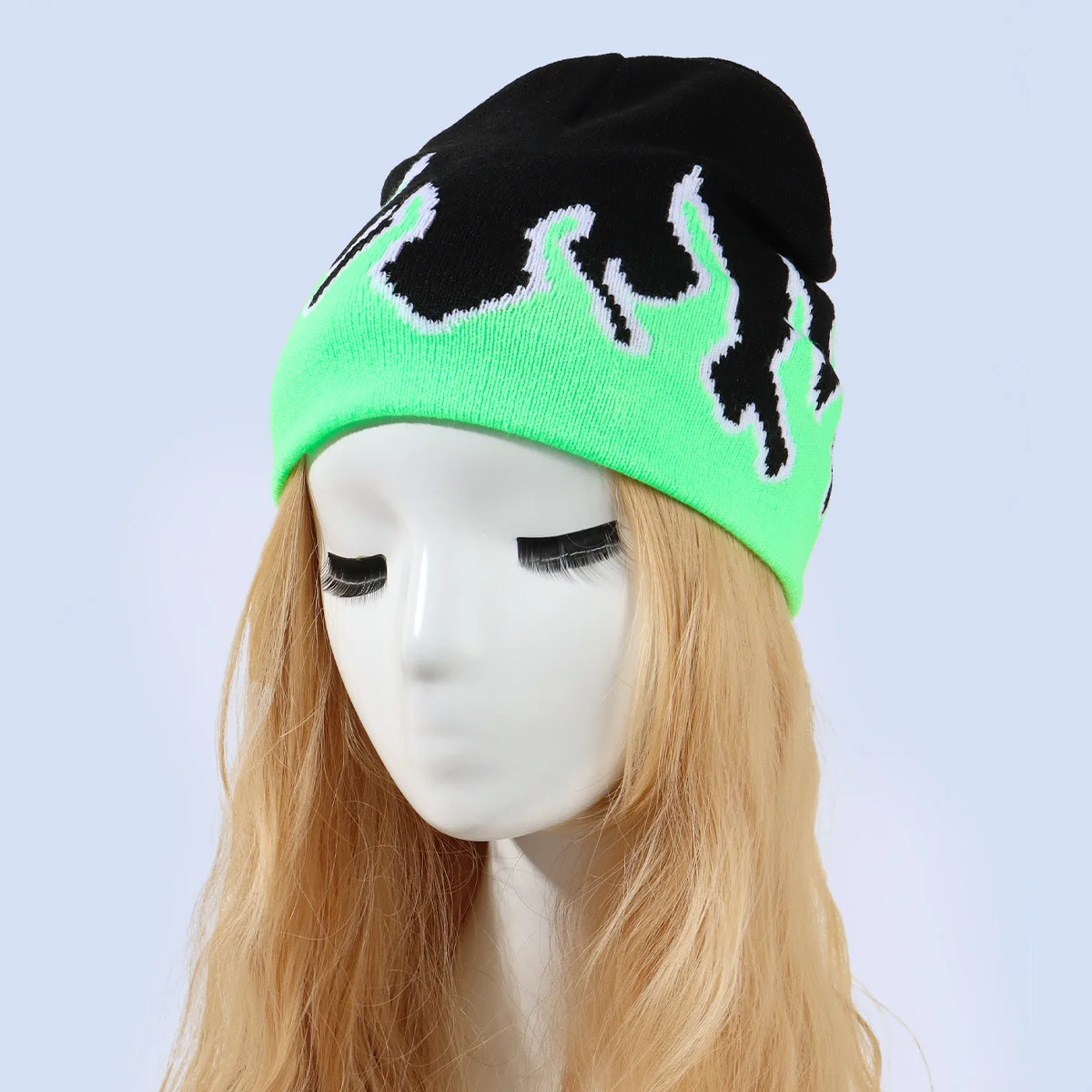 Fashion Acrylic All Over Flame Pattern Beanie Caps Custom Winter Knitted Hat Printed Jacquard Beanies