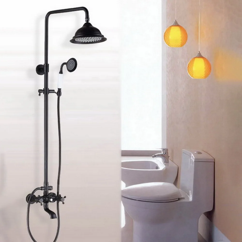 Black Oil Rubbed Brass Bathroom Rainfall Shower Faucet Set Dual Handle Bath Shower Mixer Taps Wall Mounted with Handsh Nhg043
