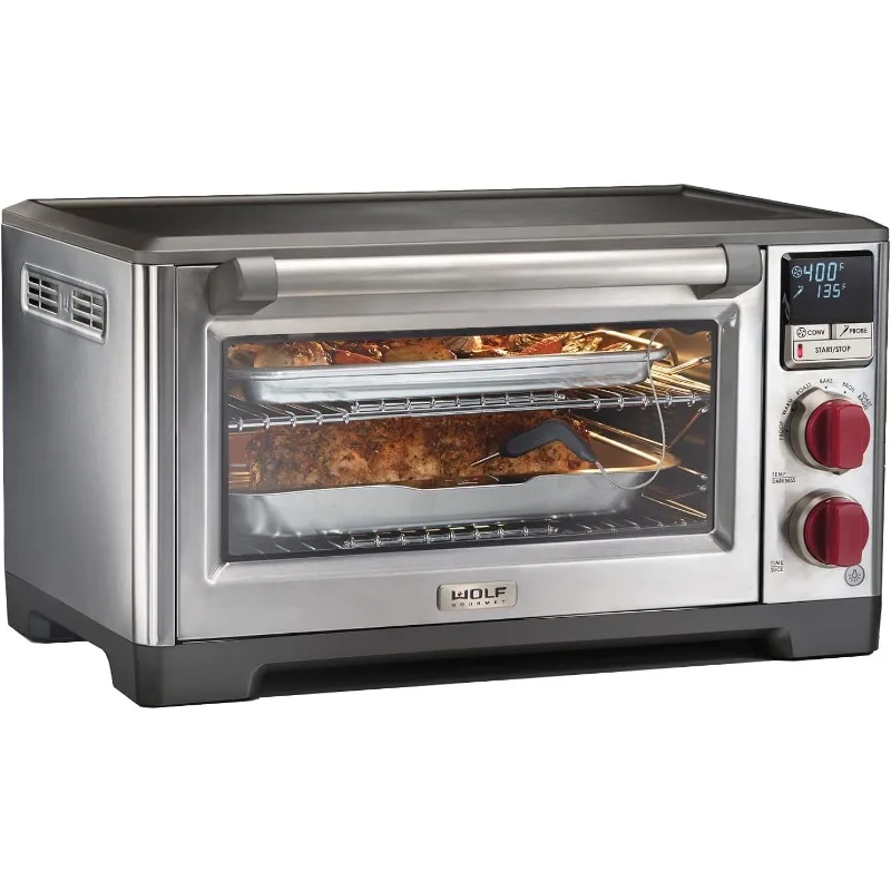 Digital Countertop Convection Toaster Oven with Temperature Probe, Stainless Steel and Red Knobs (WGCO150S)