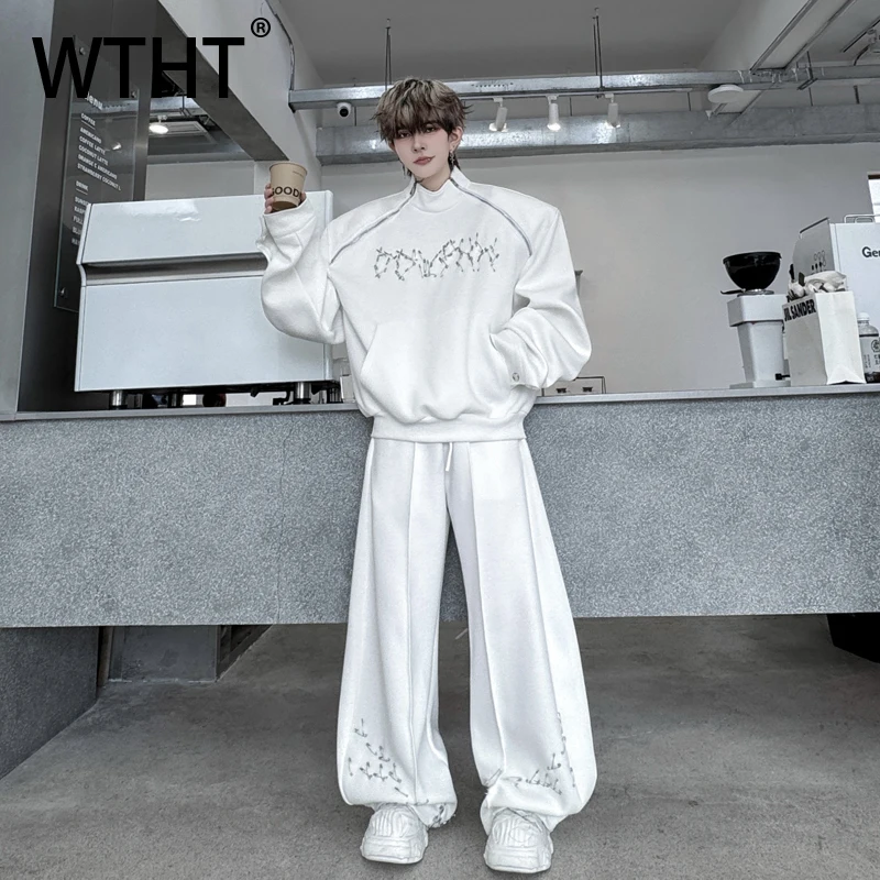 

WTHT Fashion Men's Suit Spliced Metal Zipper Stand Collar T-shirts Elastic High Waist Pleated Pants Set Male 2025 Autumn 2A1721