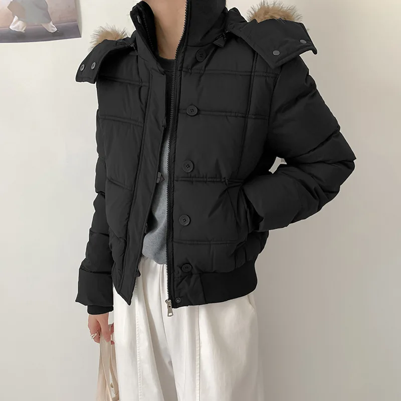 2026 Fashion Down Cotton-padded Jacket Women's Short Parkas Winter Thicken Hooded  Fur Collar Warm Coat Casual Student Outerwear