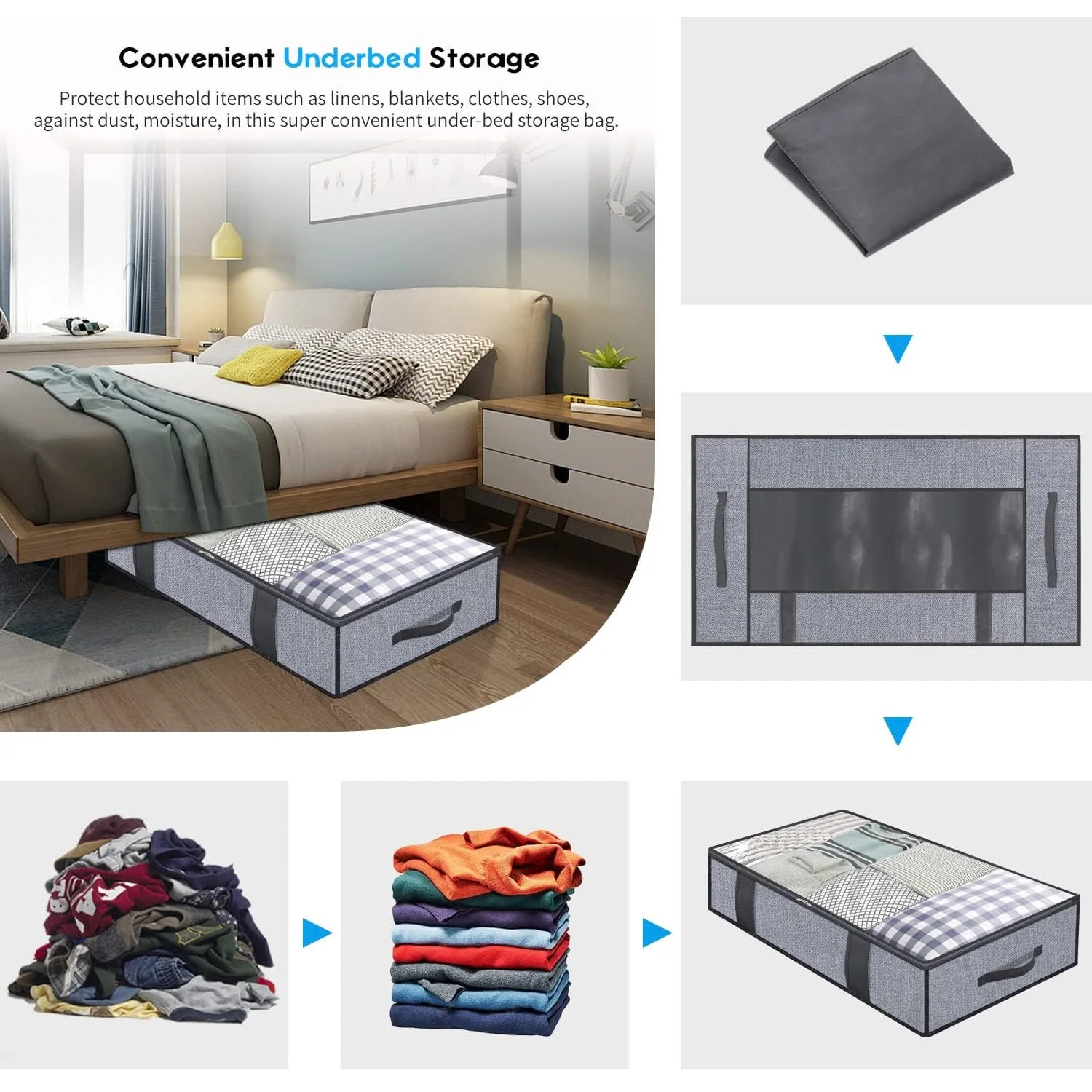 

2pcs Under Bed Clothes Storage Bags with Clear Window Dustproof Non-Woven Quilt Storage Bag Foldable Multipurpose Home Organizer