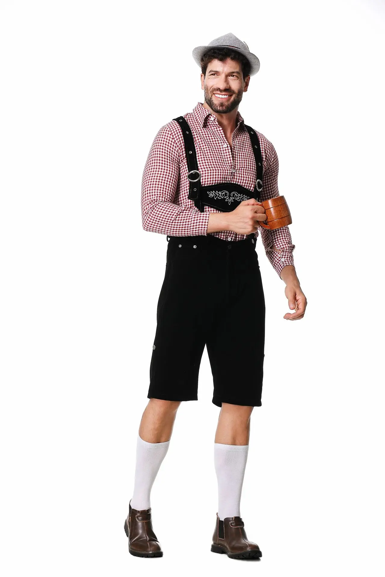 Three-Piece Set Oktoberfest Lederhosen Costume for Men Bavarian German Beer Festivals Suspenders Shirt Hat Male Cosplay Costumes