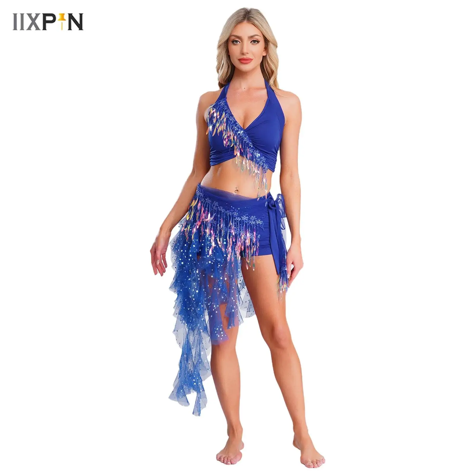 

Womens Belly Dance Costume Gradient Sequin Lace-up Crop Top+Hip Scarf Cascading Split Sequined Tulle Skirt and Safety Shorts Set