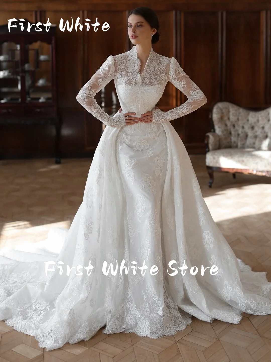 First White Eleghant Wedding Dress 2 in 1 Mermaid Lace Full Sleeves Customized Bride Gowns