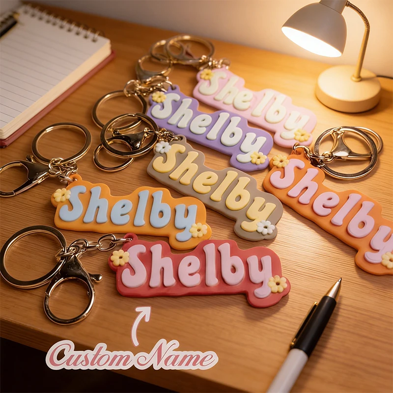 New Design Cute Flower Decor Acrylic Name Custom Keychain DIY Nameplate Double Layers Plate Personalized Keyring Gift Woman Girl