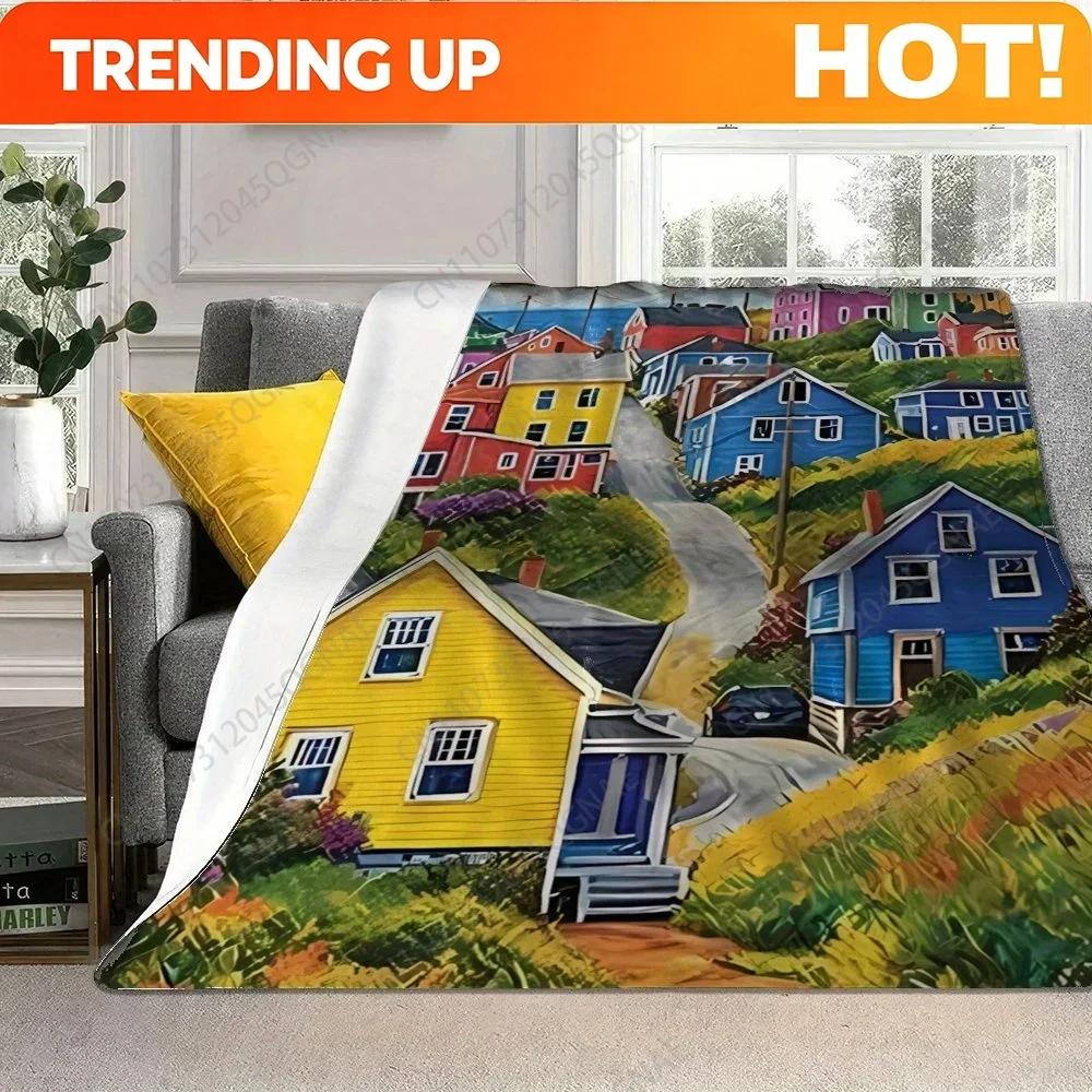 Custom 1pc Newfoundland Island Coastal Scene Flannel Blanket - Soft Warm Throw For Sofa, Bed, Office & Camping - Vibrant Colorfu