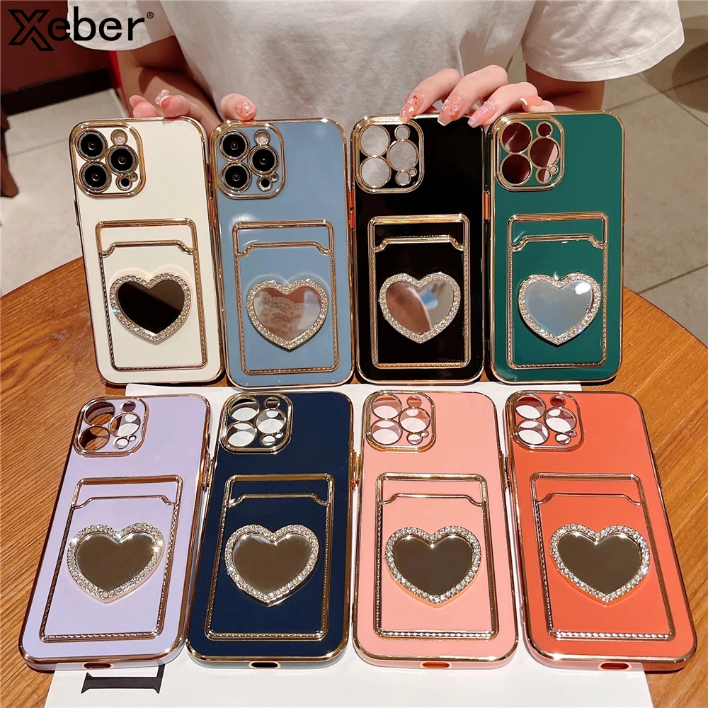 Luxury Glitter Diamond Makeup Mirror Plating Card Holder Case For iPhone 15 11 12 13 14 Pro Max XR X XS 7 8 Plus SE Wallet Cover