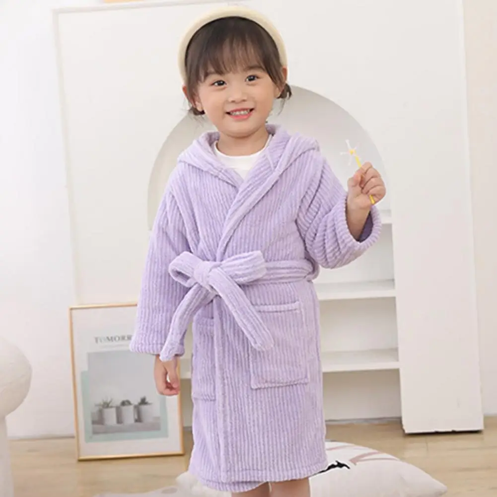 Kids Hooded Bathrobe Belted Pocket Thick Quick Drying Boys Girls Toddlers Robe Pajamas Sleepwear