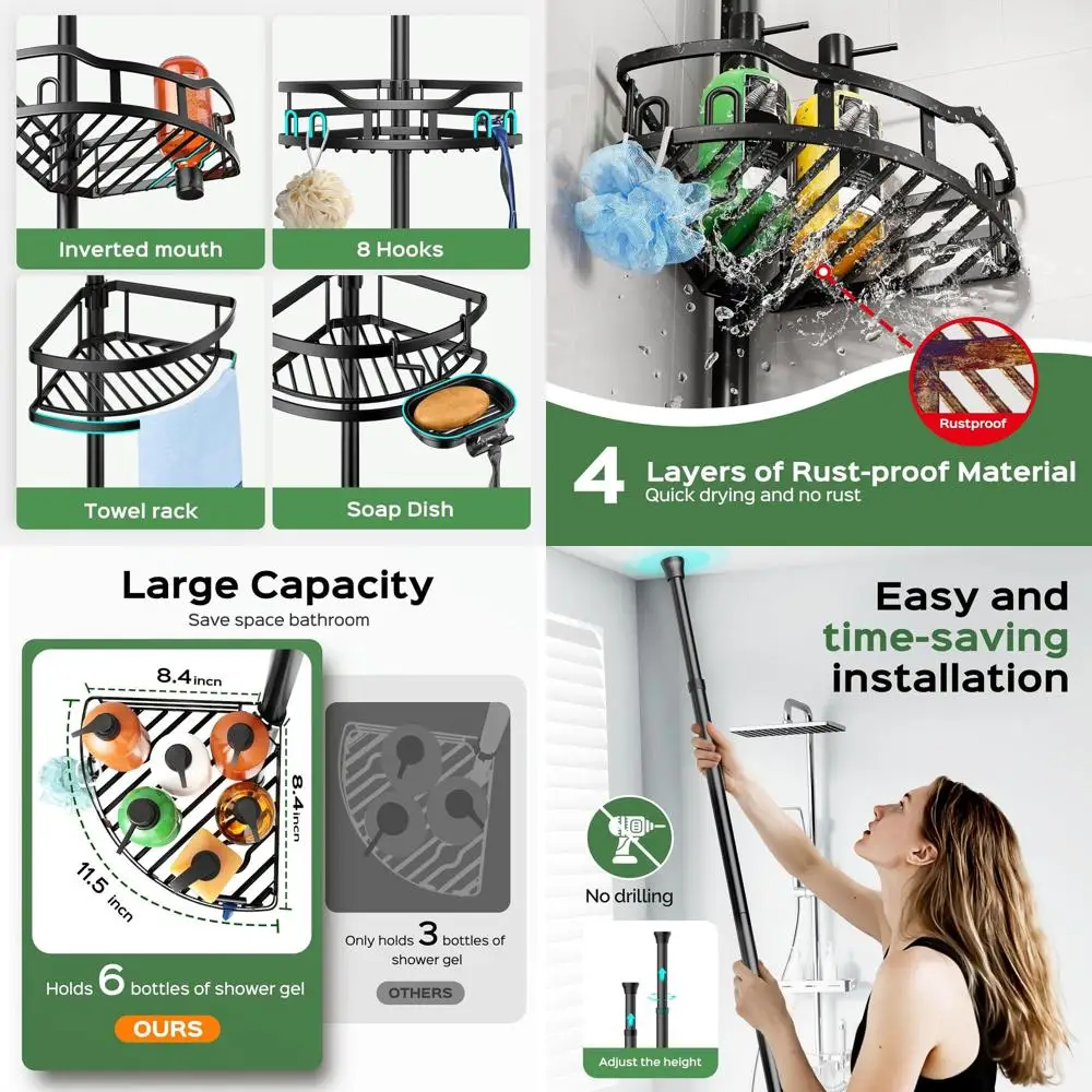 Rust-Free Tension Pole Shower Caddy: 4-Tier Corner Organizer with Floor Support for Large Storage in Apartments - 47-121 Inch, B