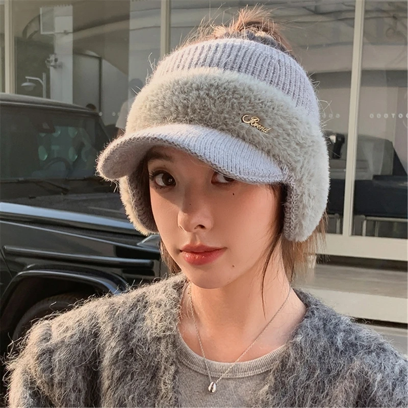 Novelty Furry Knitted Baseball Hat with Earflaps Women Influencers Same Slouchy Warm Ear Protections Empty Top Hat