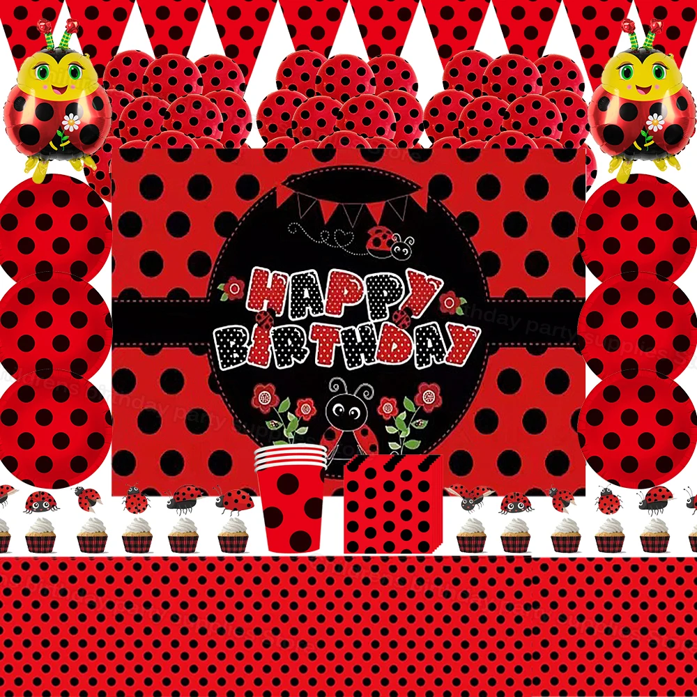 

Red Ladybug Black Point Children DIY Event Gifts Party Supplies Tableware Paper Plate Cup Napkin Party Decoration Scene Layout