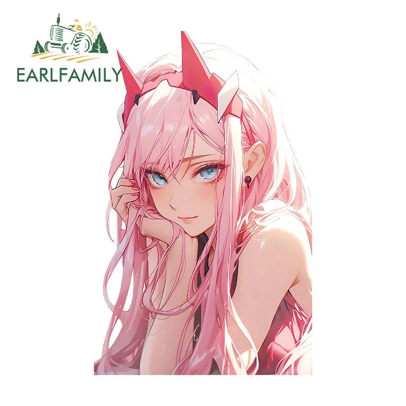 EARLFAMILY 13cm Zero Two Car Sticker Funny Humorous Sunscreen ATV Caravan Windshield JDM Decal Scratch-Proof Cartoon Car Label