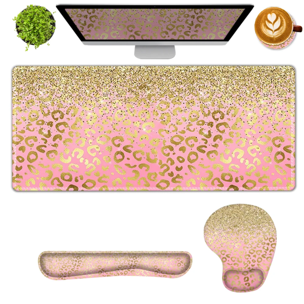 

Pink Leopard Print Mouse Pad Wrist Rest 4-piece set - ergonomic design, effective relief of wrist pain, soft and comfortable