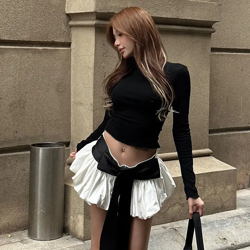 

INS Короткая укороченная облегающая футболка с длинными рукавами и высокой талией сзади, раскрывающаяся футболка с ремешками и бантом, комплект с цветными блоками и воланами