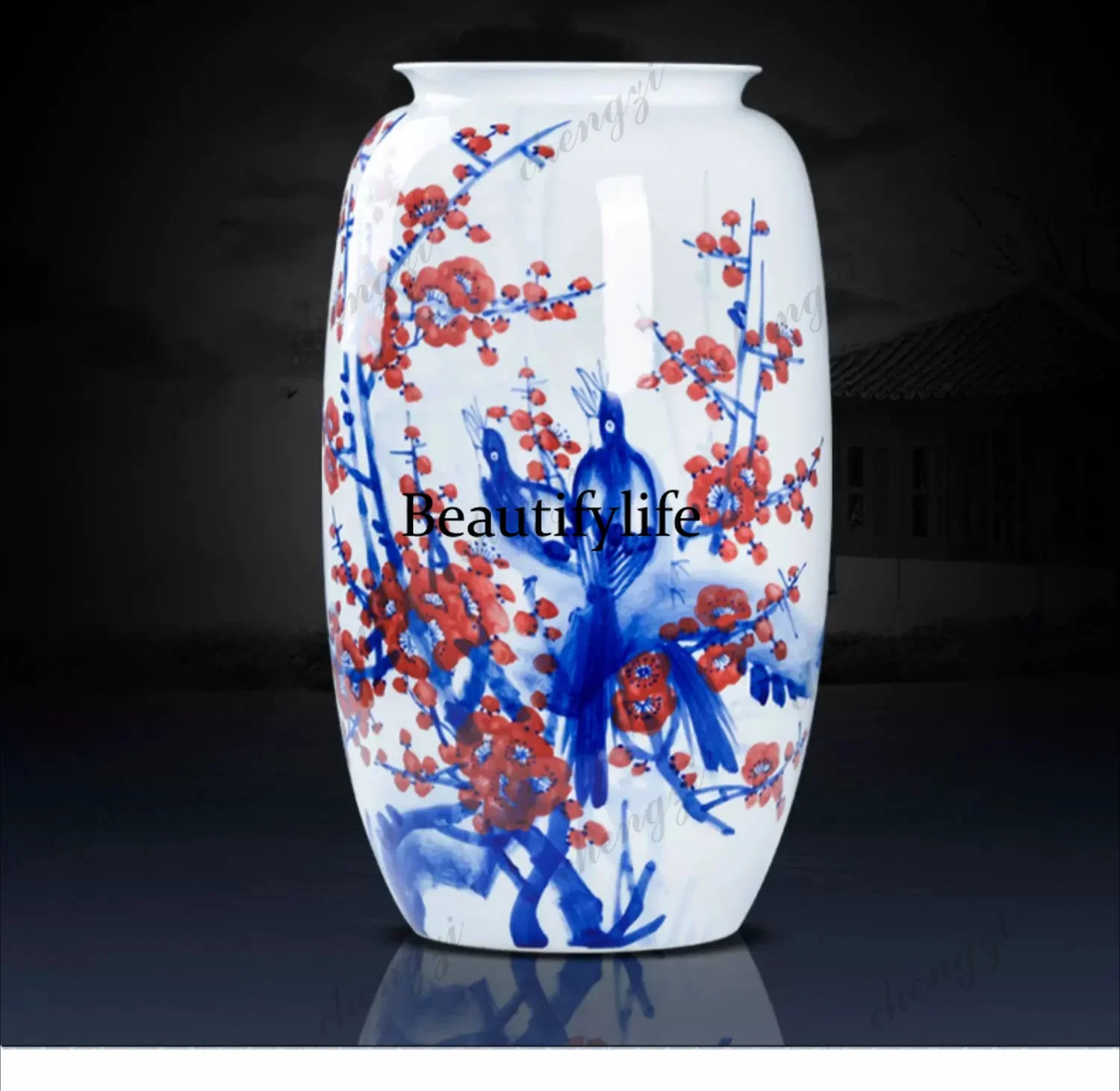 H178Ceramic hand-painted underglaze large vase, Chinese living room floor-to-ceiling home decoration ornament