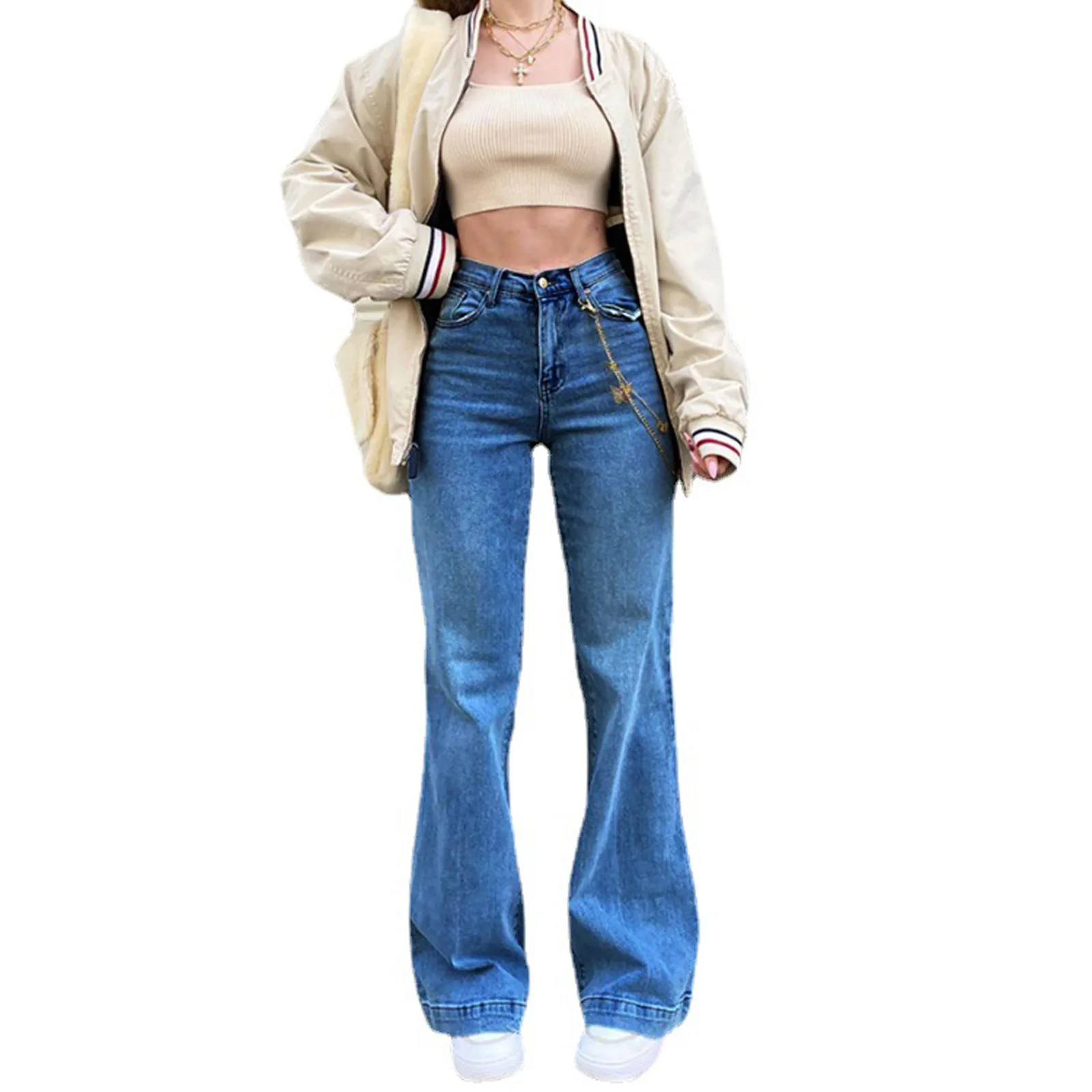 

Street Fashion High-waisted Micro-flared Jeans, Spring New Comfortable Casual Stretch Washed Long Denim Wide-leg Pants for Women