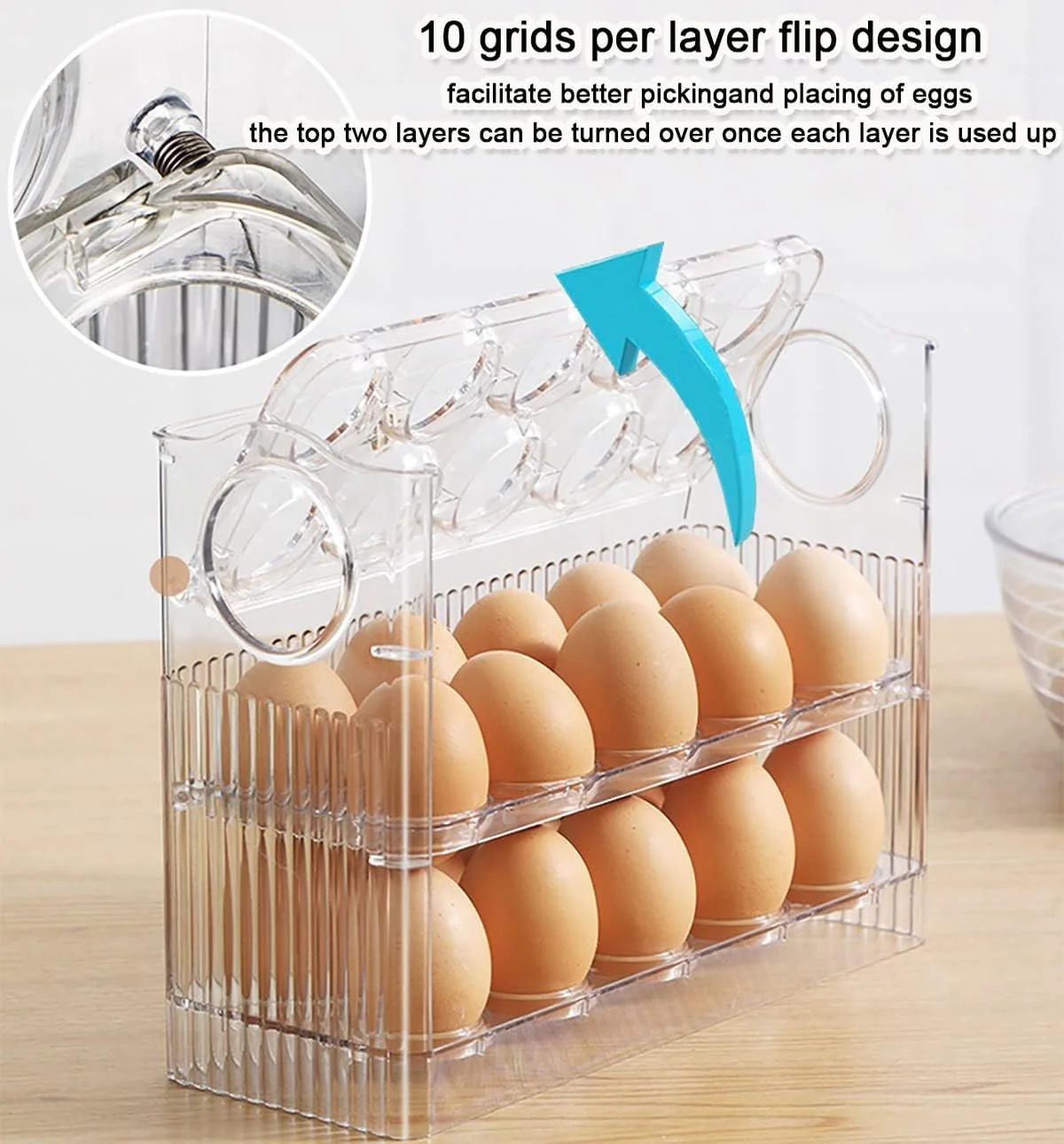 

Auto Flip Egg Organizer Stackable Layers Refrigerator Storage Box 30 Eggs Portable Compact Space Saving Kitchen Gadget Tool