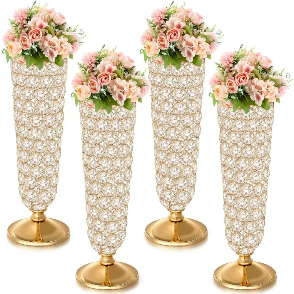 

4 Pcs Crystal Trumpet Flower Vase, 12 Inch Tall Wrought Iron Crystal Vase Flower Stand Centerpieces Wedding Table Decor for Home