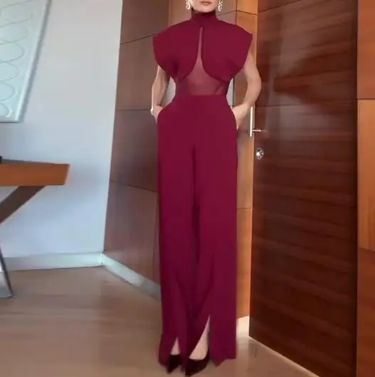 

Women's Set Summer Fashion New Solid Color Stand Up Collar Mesh Splicing Sleeveless Top and High Waisted Straight Leg Pants Set