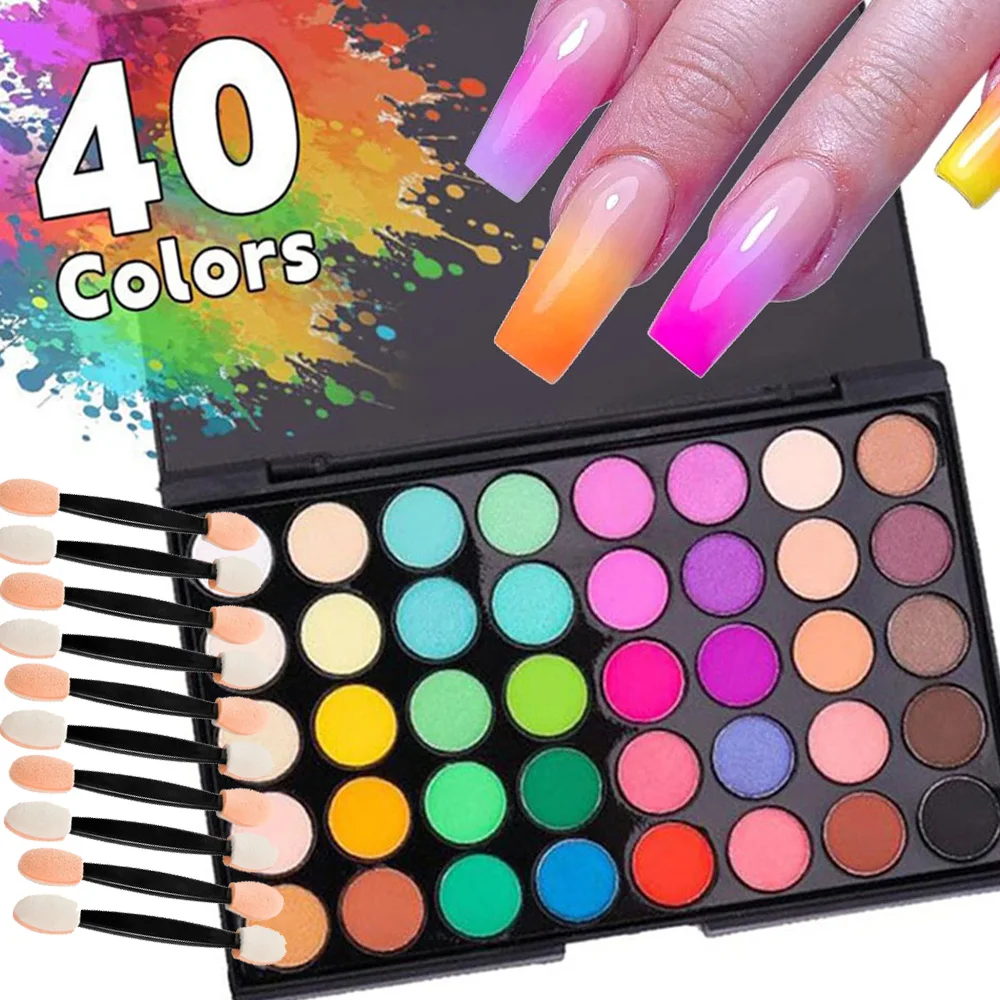 

40-цветная однотонная градиентная пудра для ногтей, блестящая палитра теней для век, долговечная пудра для натирания, омбре, французский пигмент для дизайна ногтей