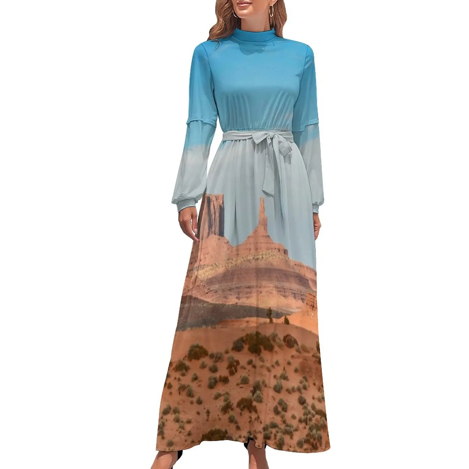 Calm Desert Dress High Neck Blue Sky Print Custom Bohemia Dresses Long-Sleeve Street Wear Long Maxi Dress Kawaii Clothes