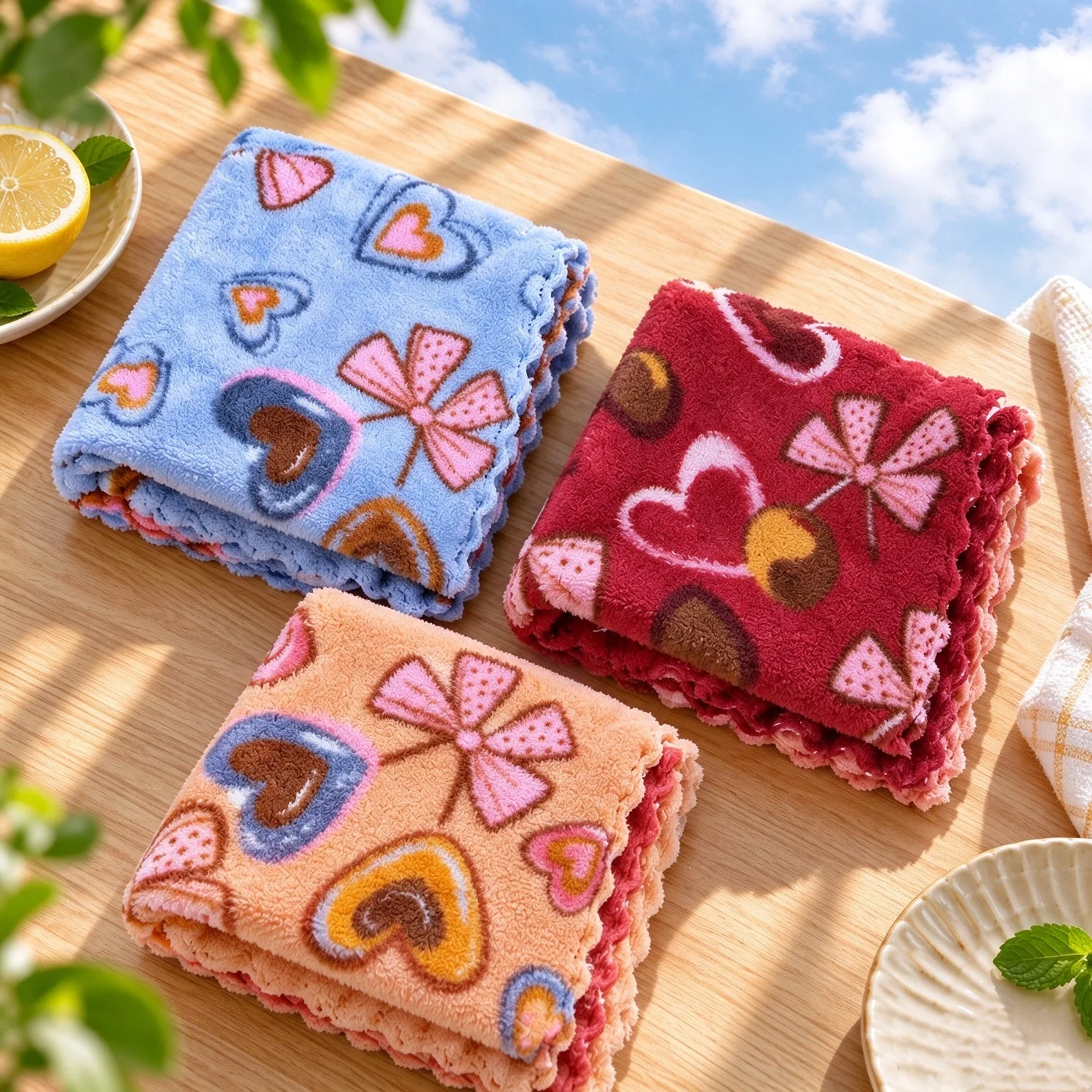 12/6 Pieces in Random Colors, Heart-Shaped Bow Coral Fleece Cleaning Cloth, Soft Absorbent Hand Towel, Small Handkerchief, Household Square Towel