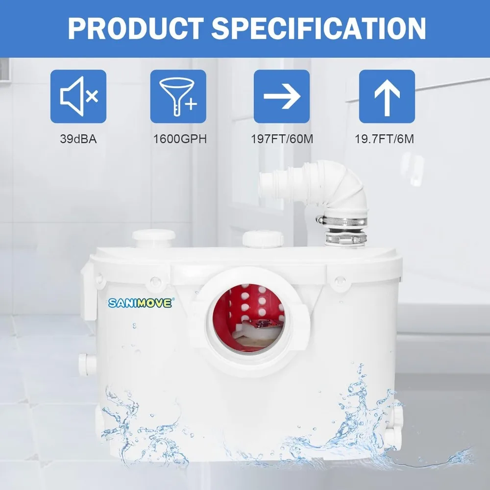 500W Macerator Pump for Macerating Toilet Upflush Toilet System Macerator Sewerage Pump with 3 Water Inlets