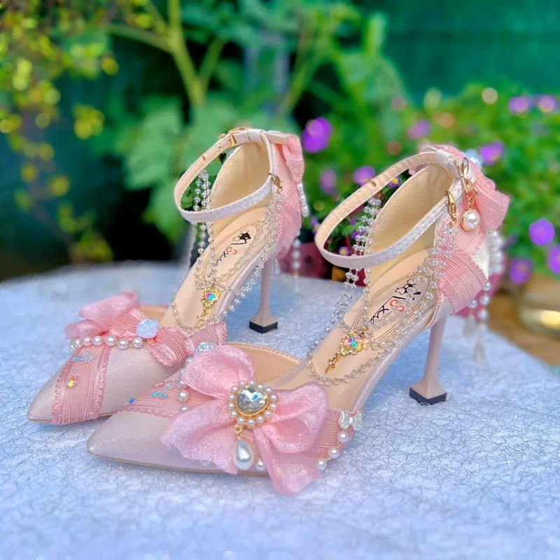 

Original Handmade Romantic Sweet Elegant Lolita Shoes French Pink Heels Princess Dress Pumps Women Kawaii Wedding Shoes Bride