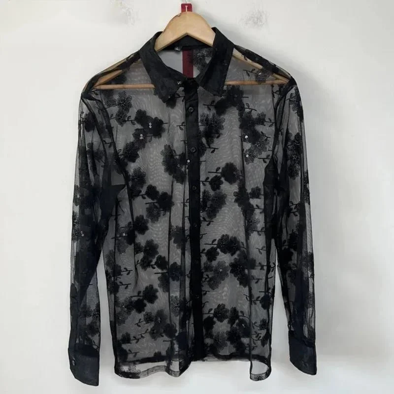 Niche Trend Male Shirts 2026 Summer New Dandelion Sheer Mesh Sequin Embroidered Design Loose Versatile Men's Shirt ZA24
