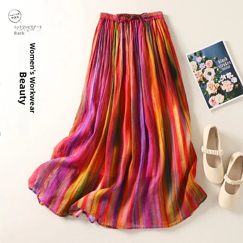Summer Vintage Double Layered A-Line Midi Skirt with Elastic Waist Rainbow Stripes Loose Fit Long Skirt for Women
