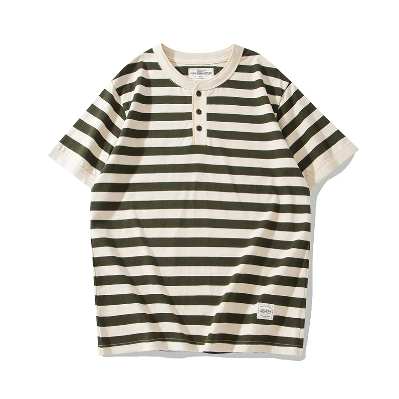 American Retro Amikaji 240g Heavy Duty Short Sleeve Striped Henley Neck T-shirt Sleeves Sea God Shirt Men's Casual Soft T-shirt