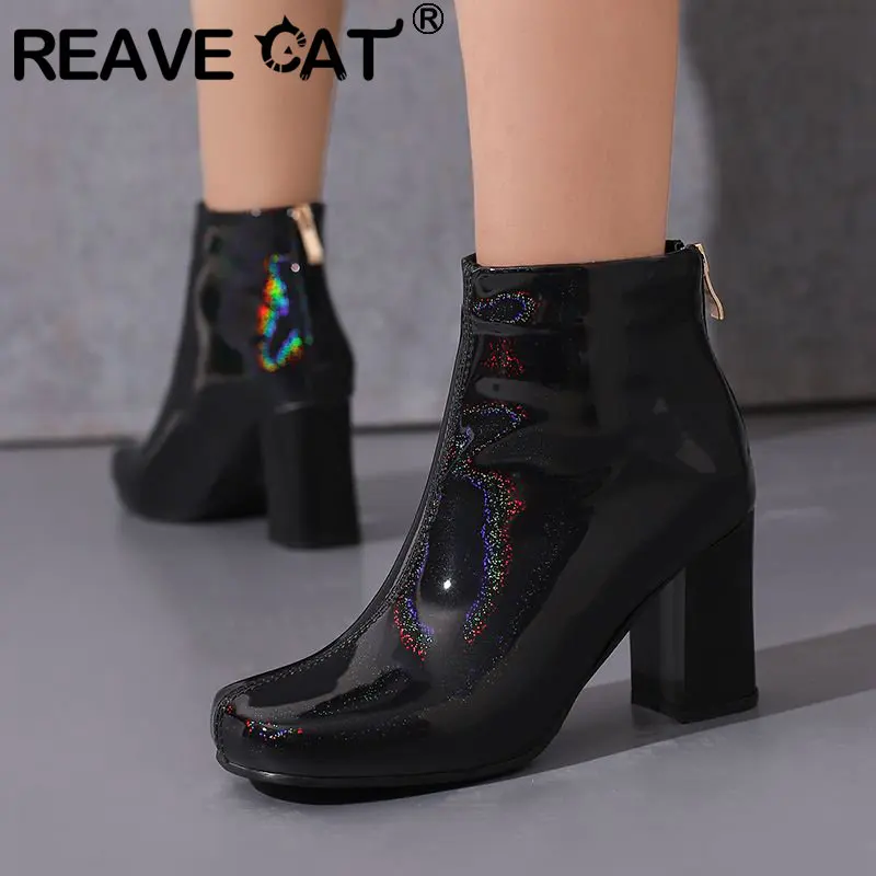 REAVE CAT Brand Women Ankle Boots Toe Block Heels 8cm 48 49 50 Concise Sweet Dating Soft Female Booties