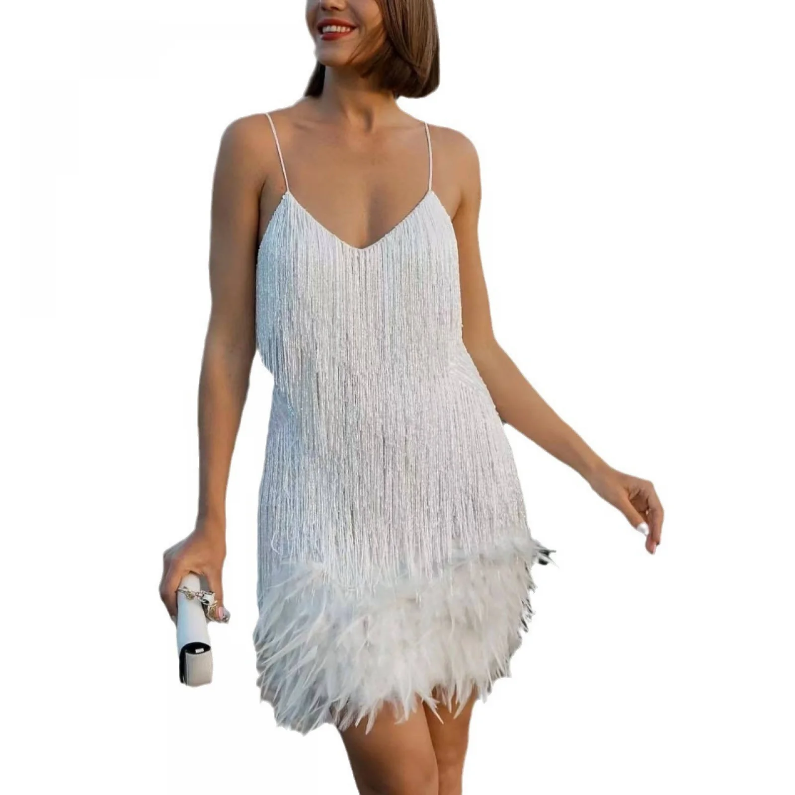 2025 Verano Nueva moda Borla Lentejuelas Costura de plumas Vestido