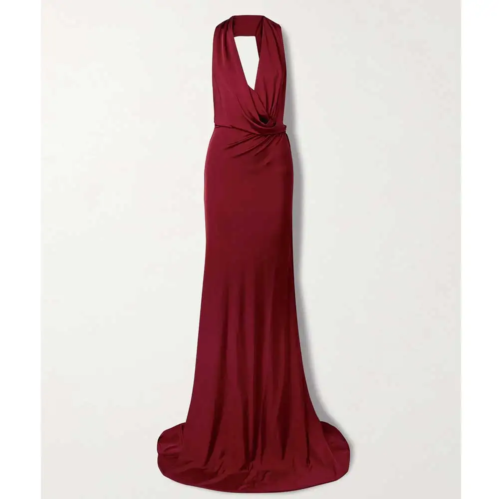 YUMDAI-Robe de cocktail sirène longue en satin rouge vin, col en V, élégante robe de soirée, sexy, fête de mariage, fête d'anniversaire, patients