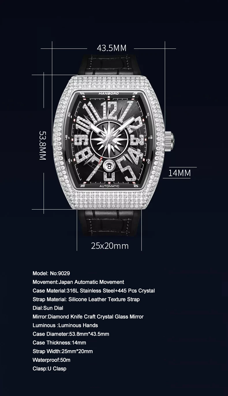 HANBORO-Reloj de pulsera automático para hombre, cronógrafo mecánico Tonneau de lujo, luminoso, resistente al agua, esfera solar, decoración de cristal de 445 piezas