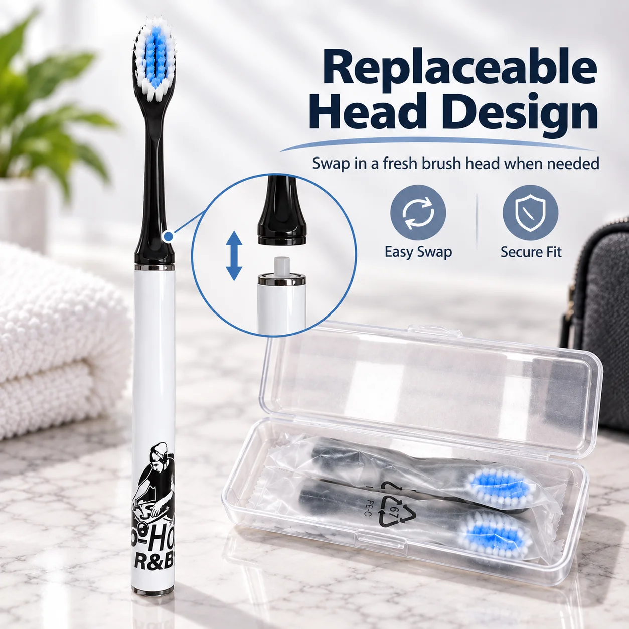 Travel Toothbrush Set for Adults with Case, Portable Replaceable-Head Toothbrush with 2 Spare Brush Heads, Compact Oral Care Kit for Travel, Gym, Work & Home