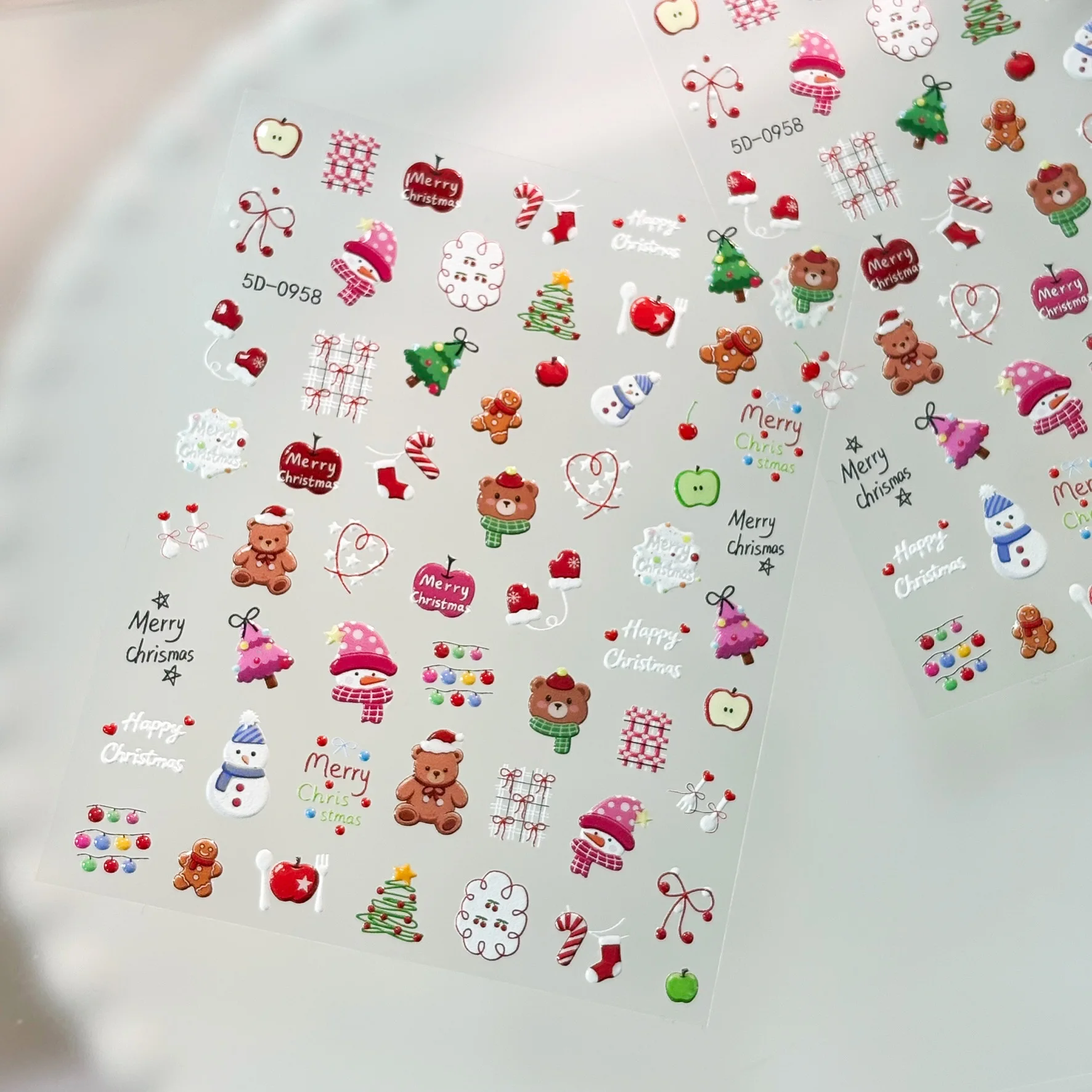 2Pcs 5D Embossed Christmas Nail Stickers Cute Bear Santa Snowman Pattern Self-Adhesive Nail Decals For Winter Xmas DIY Manicure