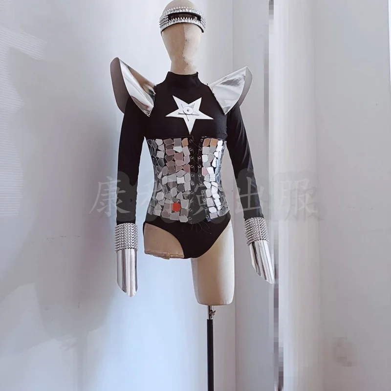 Vrouwen Groep Jazzdans Outfit Goud Zilver Spiegels Vliegende Schouder Body Bar DJ DS Gogo Suits Pole Dance Club Wear