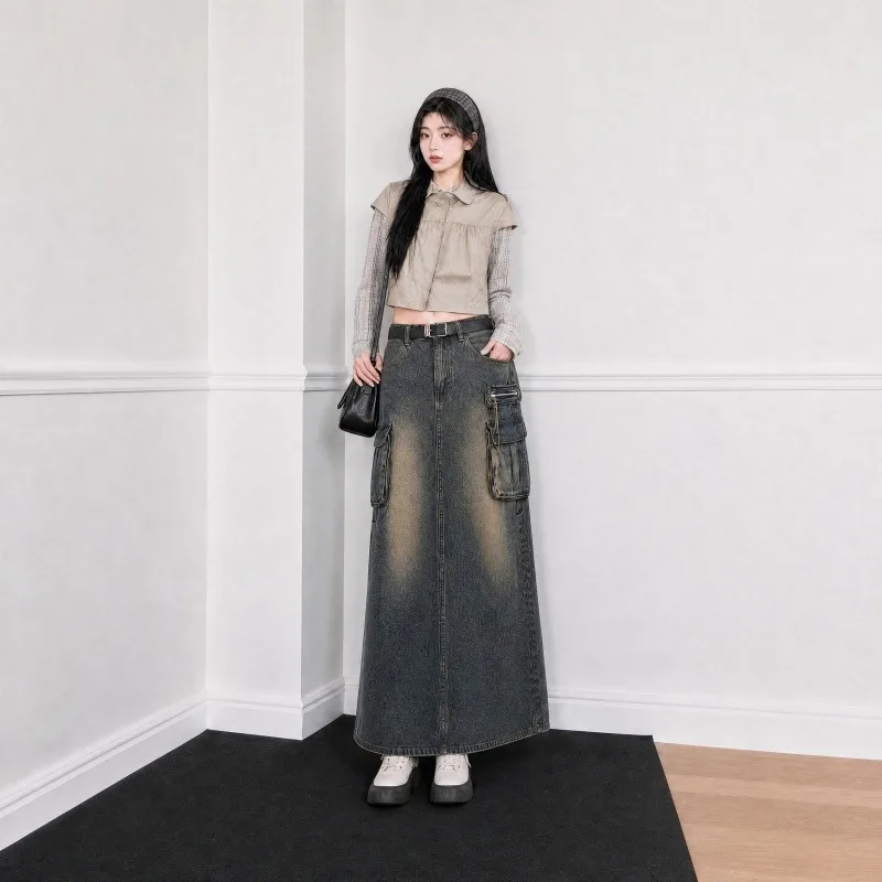 Damen High-Waist-Schlitz-Mermaid-Plissee-Cargo-Denim-Midirock, stilvolles Design, lässiger Damen-Midirock – Detail 7