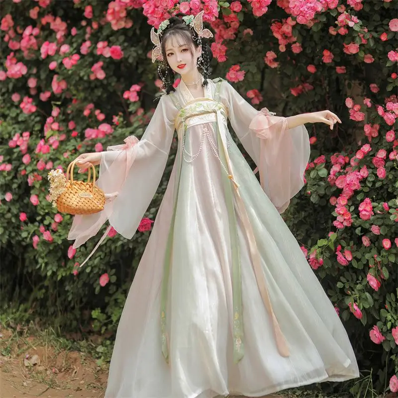 

Folk Dance Dress Chinese Style National Fairy Pink Floral Embroidery Costume Ancient Han Dynasty Princess Stage Outfits