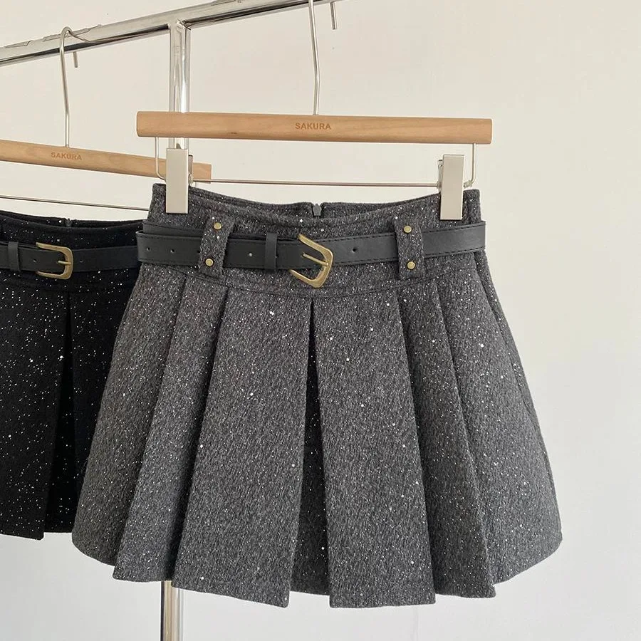 Femmes noir gris paillettes automne hiver décontracté Mini jupe Y2K Harajuku Style mignon collège haute rue rétro jupe décontractée 2025