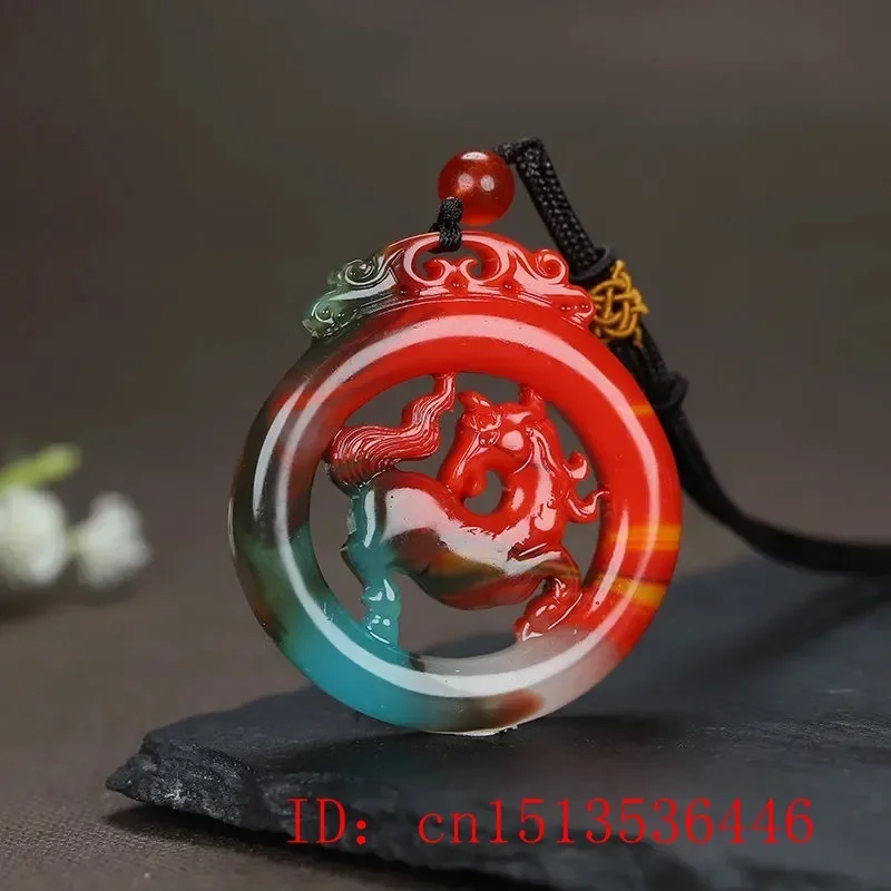 

Colour Jade Double Sided Hollow Horse Pendant Necklace Jewelry Carved Amulet Gifts Chinese Charm Fashion Woman Sweater Chain