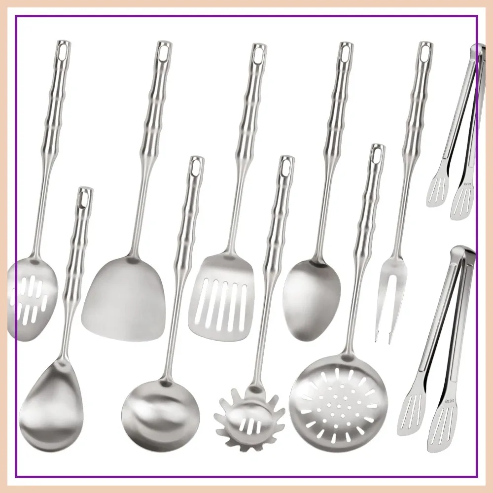 

11PCS 304 Stainless Steel Kitchen Utensils Set, Meat Fork, Tongs, Turner, Soup Ladle, Dishwasher Safe