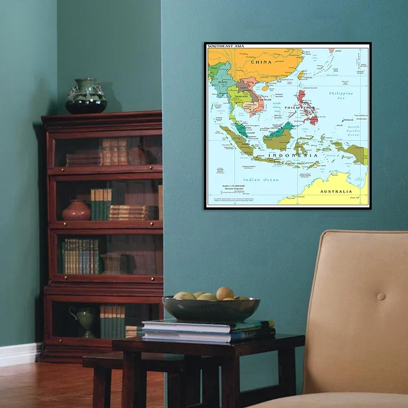 60*60cm o mapa do sudeste asiático na parede inglês cartaz decorativo não-tecido pintura em tela impressão sem moldura casa decoração da sala de estar